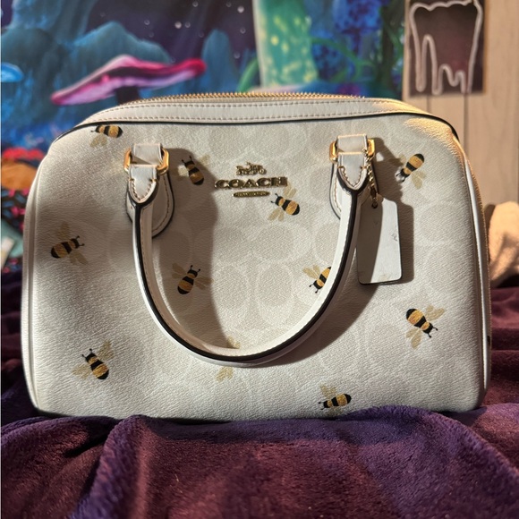 COACH Rowan White Gold Logo Bee Satchel Leather Canvas Crossbody Bag CH516 - Picture 2 of 11